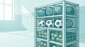 Verschiedene Sportbälle auf einem geordneten Regal im Sportbereich