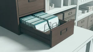Geordnete Karteikarten in einem offenen Registraturschrank