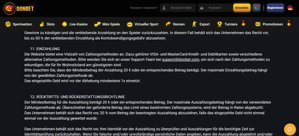 Zahlungsauswahl mit mehreren Methoden in der Donbet-Kassenansicht