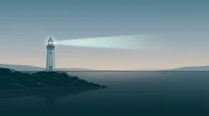 Leuchtturm am ruhigen Meer bei abendlichem Licht