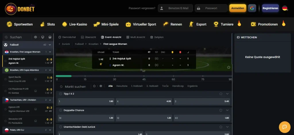 Live-Bereich von Donbet mit Sportkategorien und laufenden Wettmärkten