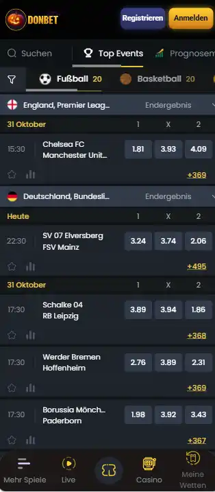 Mobile Donbet-Ansicht mit Sportarten und Wettmärkten im Browser